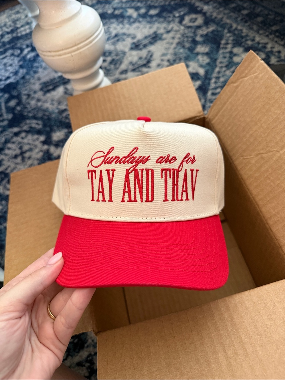 Sundays Are For TAY AND TRAV Script Trucker Hat - Cream & Red